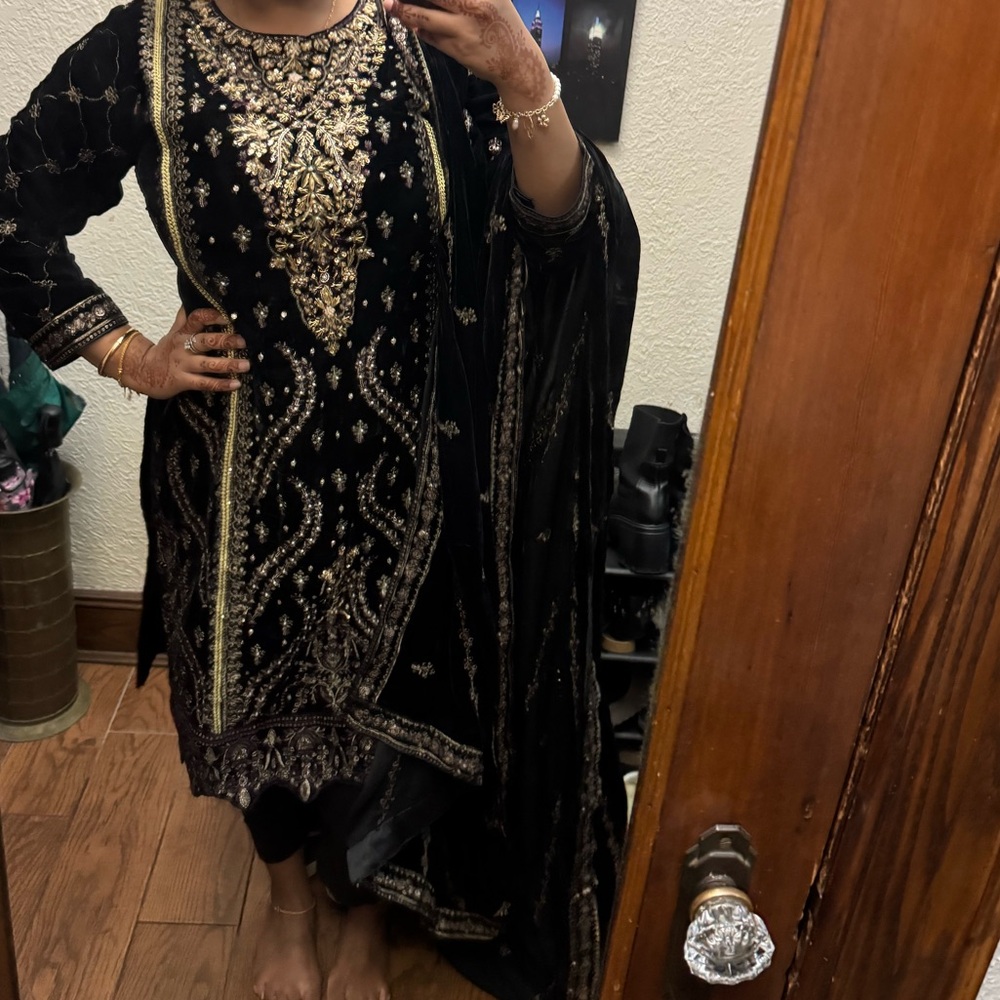 Elegant Black and Gold embroidered velvet shalwar kameez